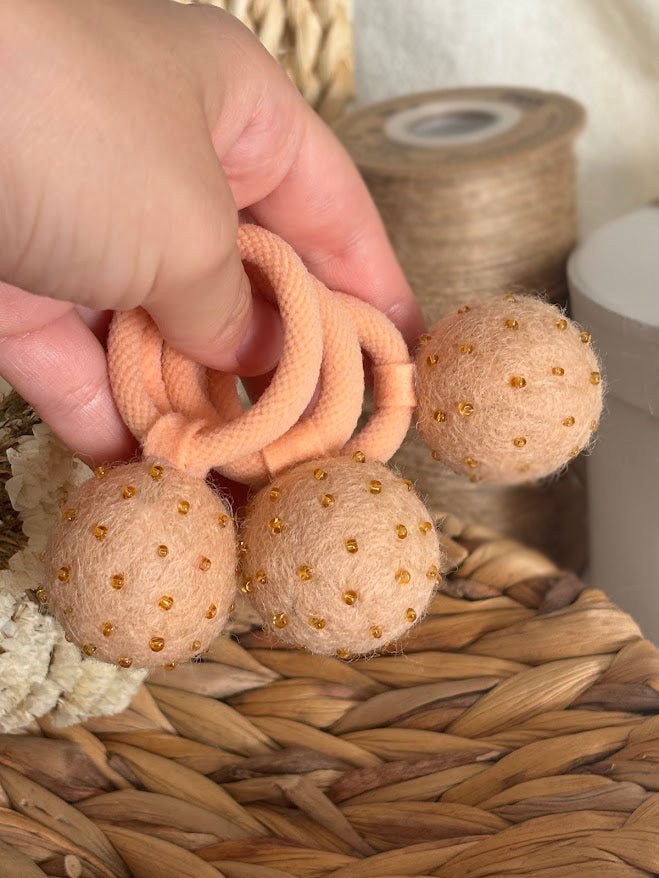 Peach Pom Pom Hair Ties, Set of 2, with Bright Gold Beads