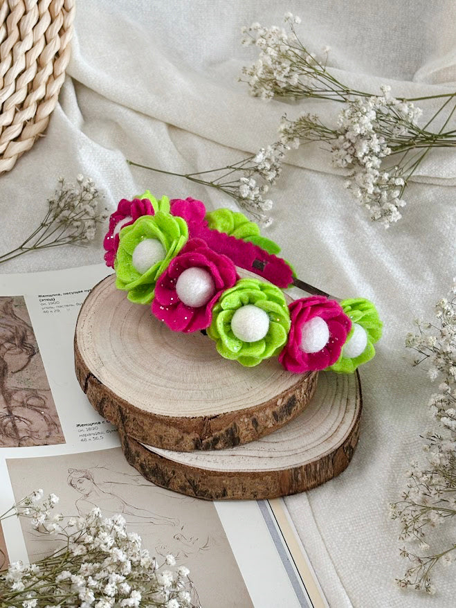 Handmade Girls Floral Hair Band - Green & Magenta