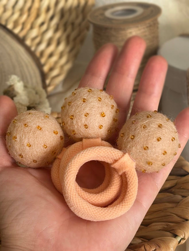 Peach Pom Pom Hair Ties, Set of 2, with Bright Gold Beads