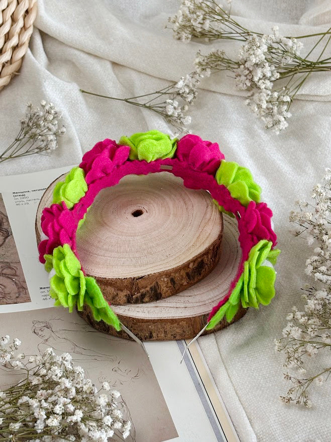 Handmade Girls Floral Hair Band - Green & Magenta