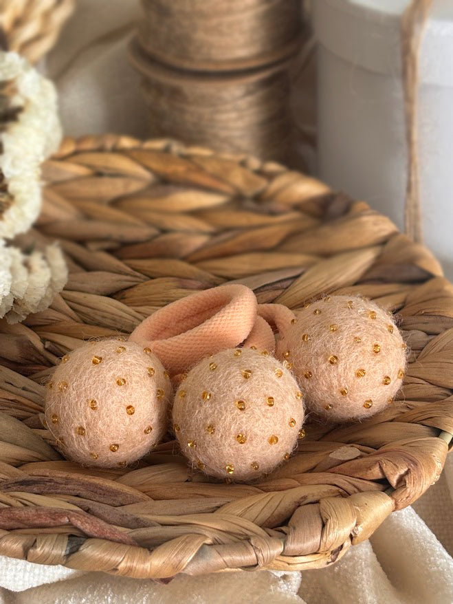 Peach Pom Pom Hair Ties, Set of 2, with Bright Gold Beads