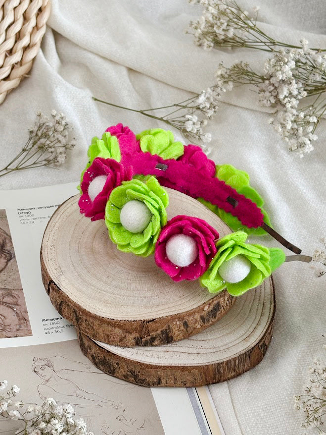 Handmade Girls Floral Hair Band - Green & Magenta