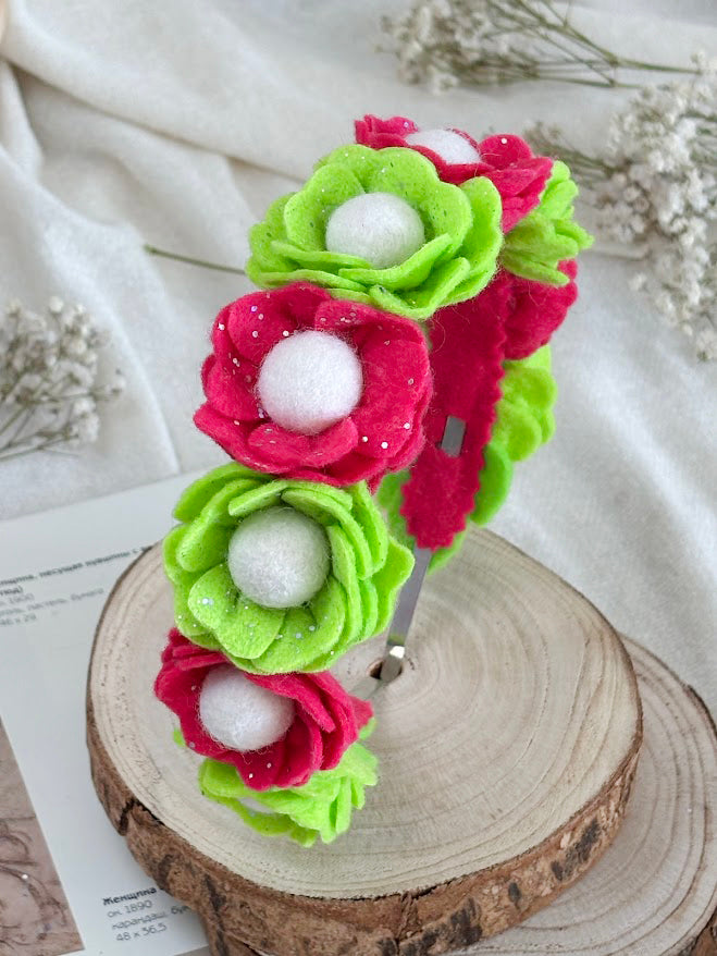 Handmade Girls Floral Hair Band - Green & Magenta