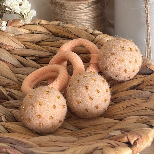 Peach Pom Pom Hair Ties, Set of 2, with Bright Gold Beads