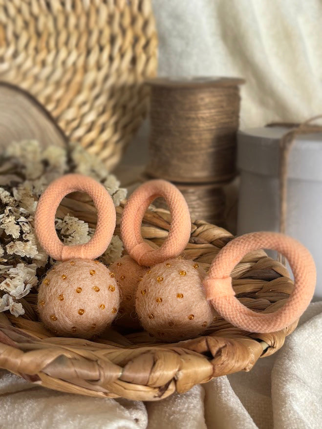 Peach Pom Pom Hair Ties, Set of 2, with Bright Gold Beads