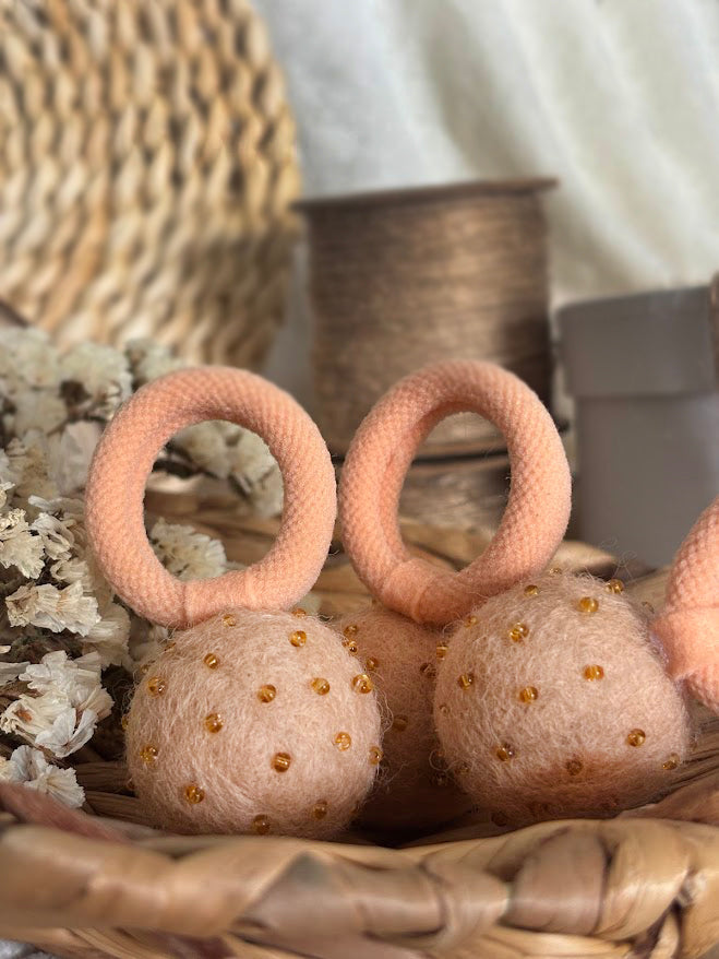 Peach Pom Pom Hair Ties, Set of 2, with Bright Gold Beads