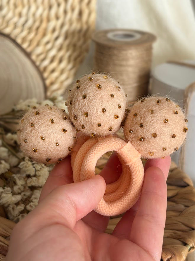 Peach Pom Pom Hair Ties, Set of 2, with Dark Gold Beads