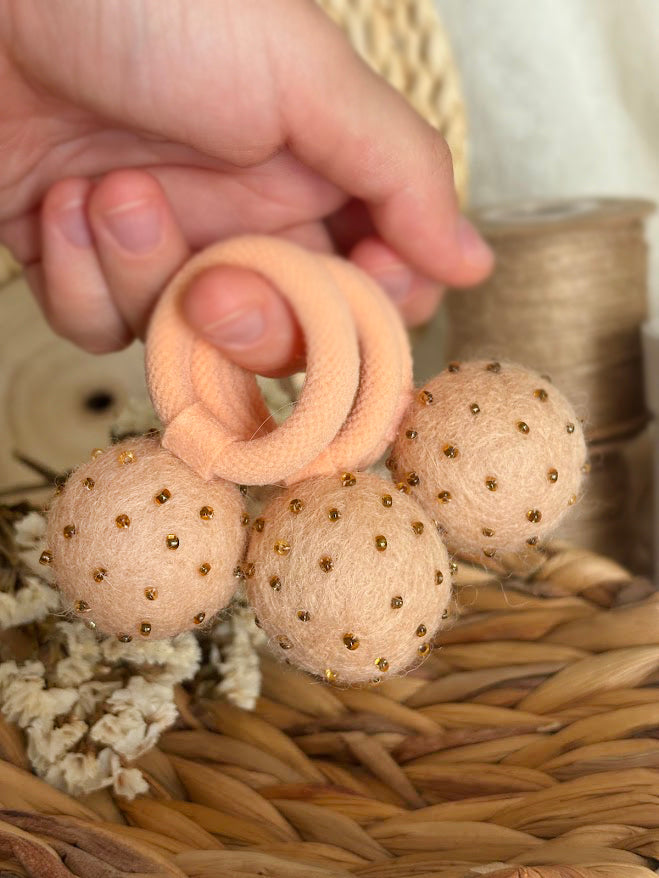 Peach Pom Pom Hair Ties, Set of 2, with Dark Gold Beads