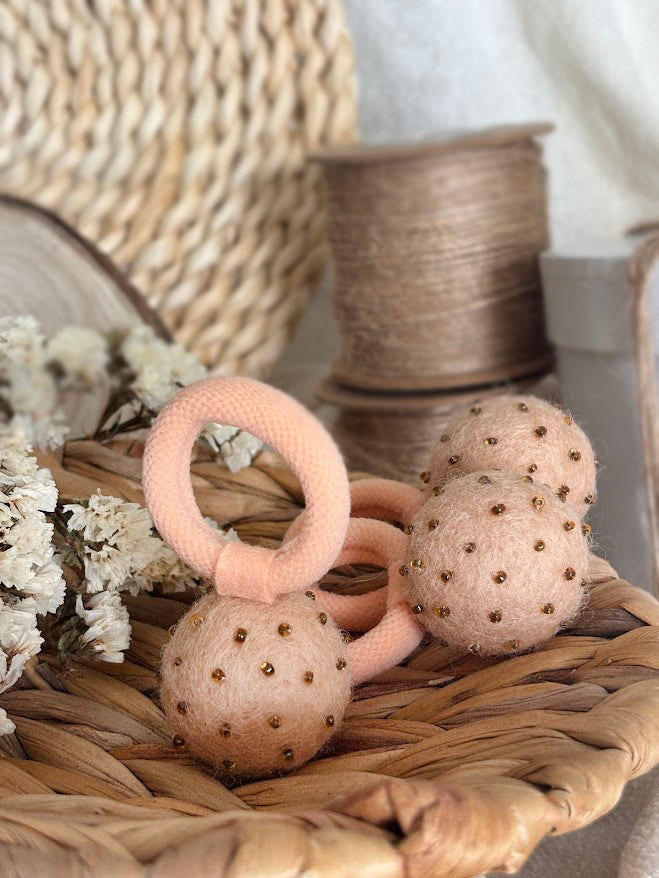 Peach Pom Pom Hair Ties, Set of 2, with Dark Gold Beads