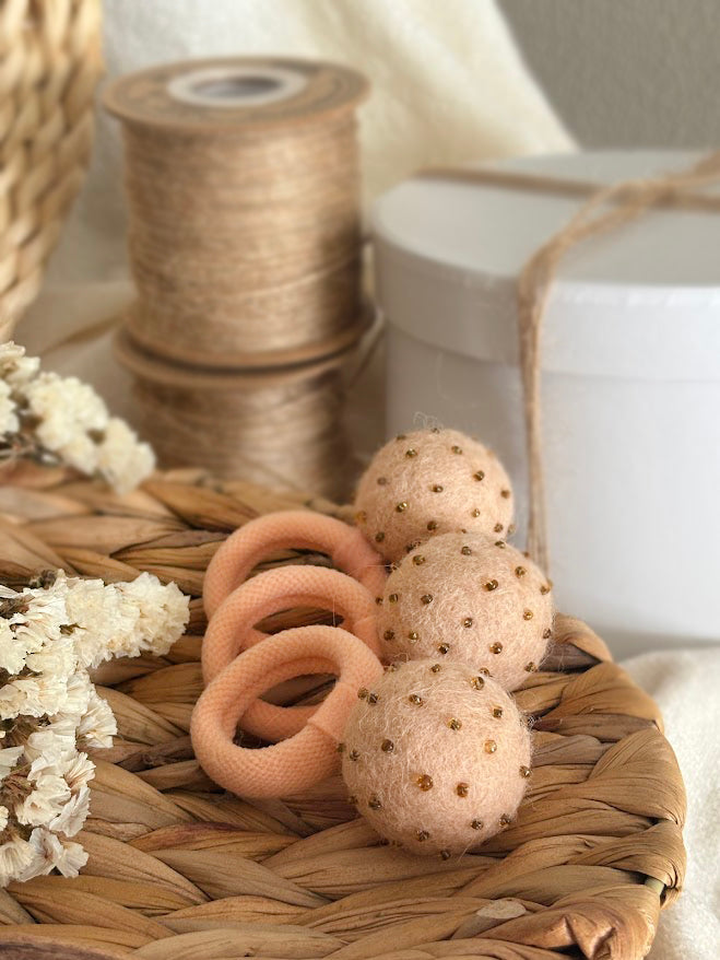 Peach Pom Pom Hair Ties, Set of 2, with Dark Gold Beads