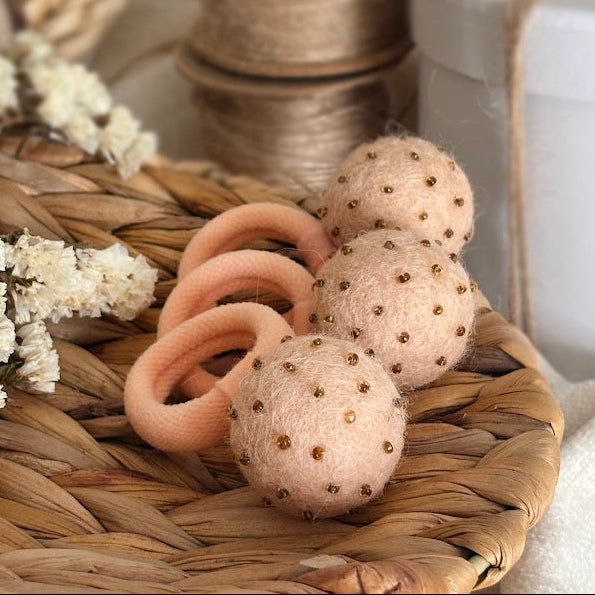 Peach Pom Pom Hair Ties, Set of 2, with Dark Gold Beads