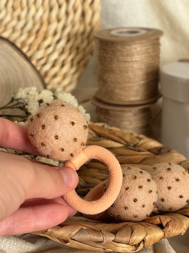Peach Pom Pom Hair Ties, Set of 2, with Dark Gold Beads