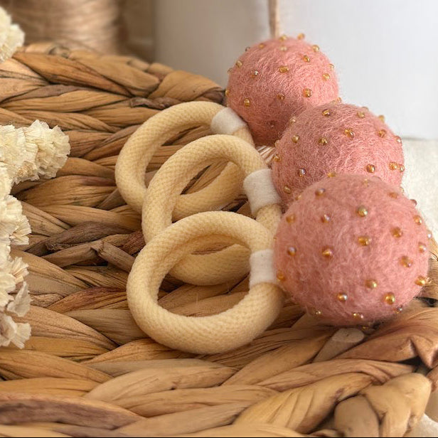 Powder Pink Pom Pom Hair Ties, Set of 2, with Gold Beads