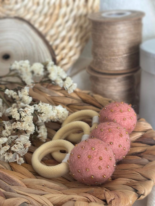 Powder Pink Pom Pom Hair Ties, Set of 2, with Gold Beads
