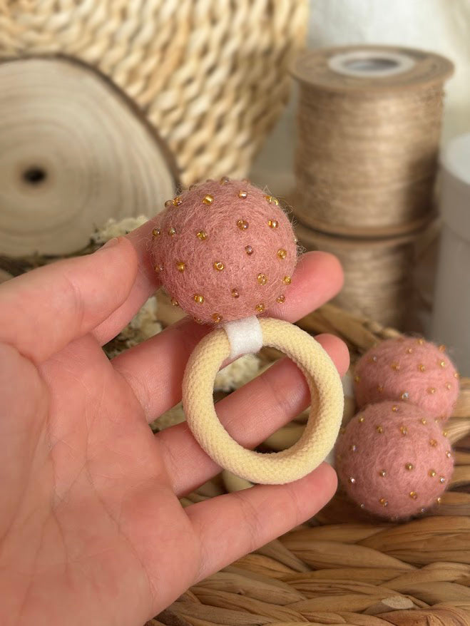 Powder Pink Pom Pom Hair Ties, Set of 2, with Gold Beads