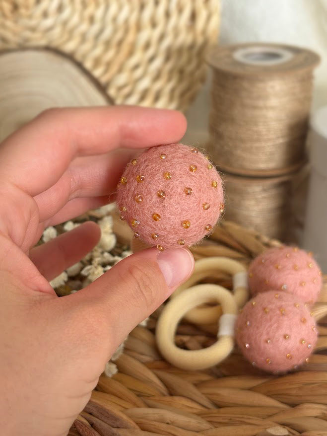 Powder Pink Pom Pom Hair Ties, Set of 2, with Gold Beads