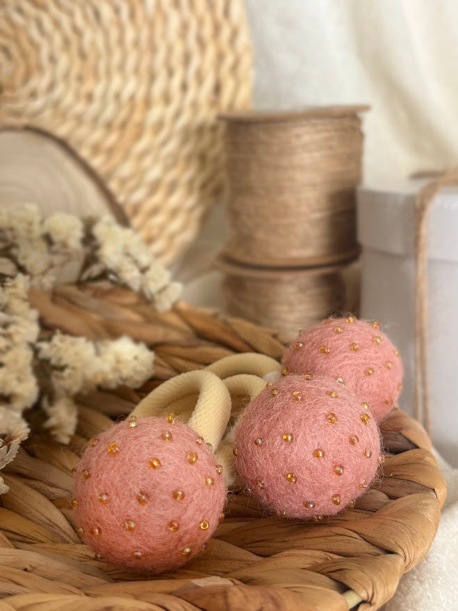 Powder Pink Pom Pom Hair Ties, Set of 2, with Gold Beads