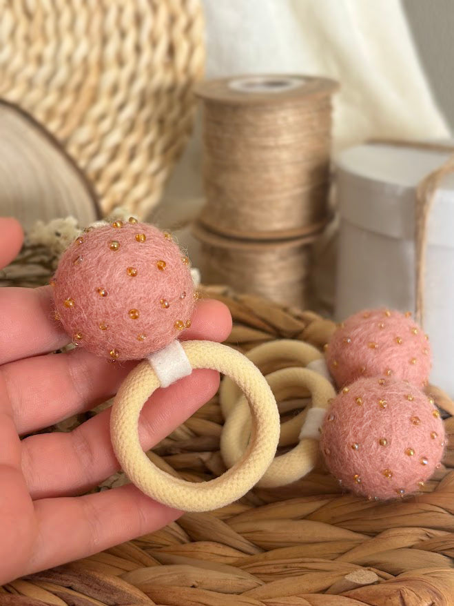 Powder Pink Pom Pom Hair Ties, Set of 2, with Gold Beads