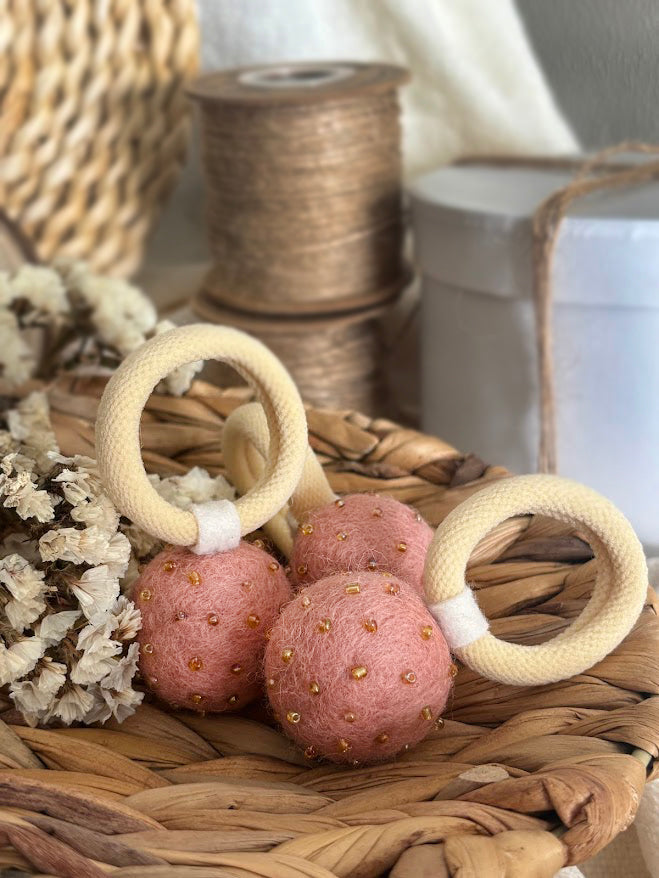 Powder Pink Pom Pom Hair Ties, Set of 2, with Gold Beads