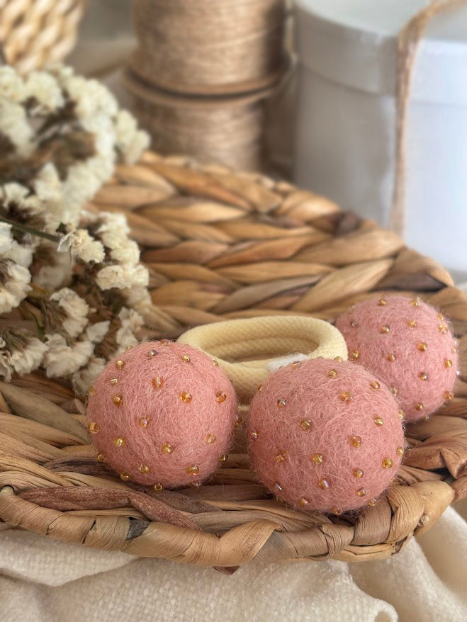 Powder Pink Pom Pom Hair Ties, Set of 2, with Gold Beads