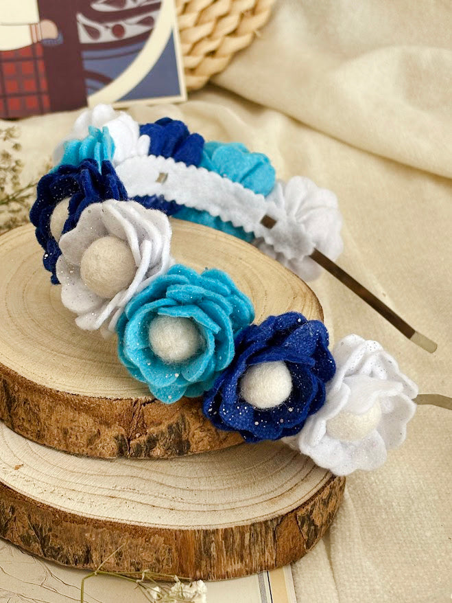 Handmade Girls Floral Hair Band - Blue, Navy & White