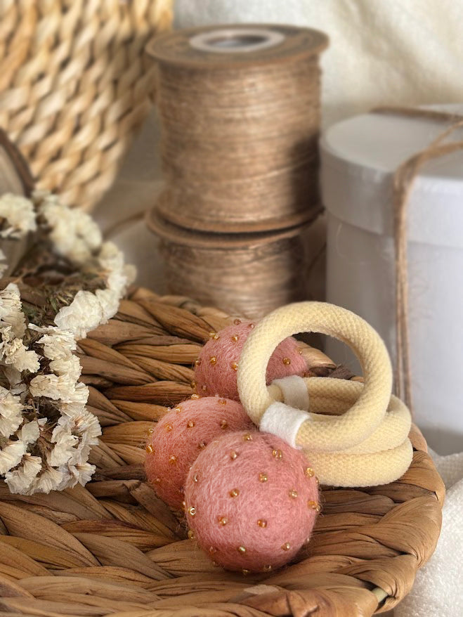 Powder Pink Pom Pom Hair Ties, Set of 2, with Gold Beads