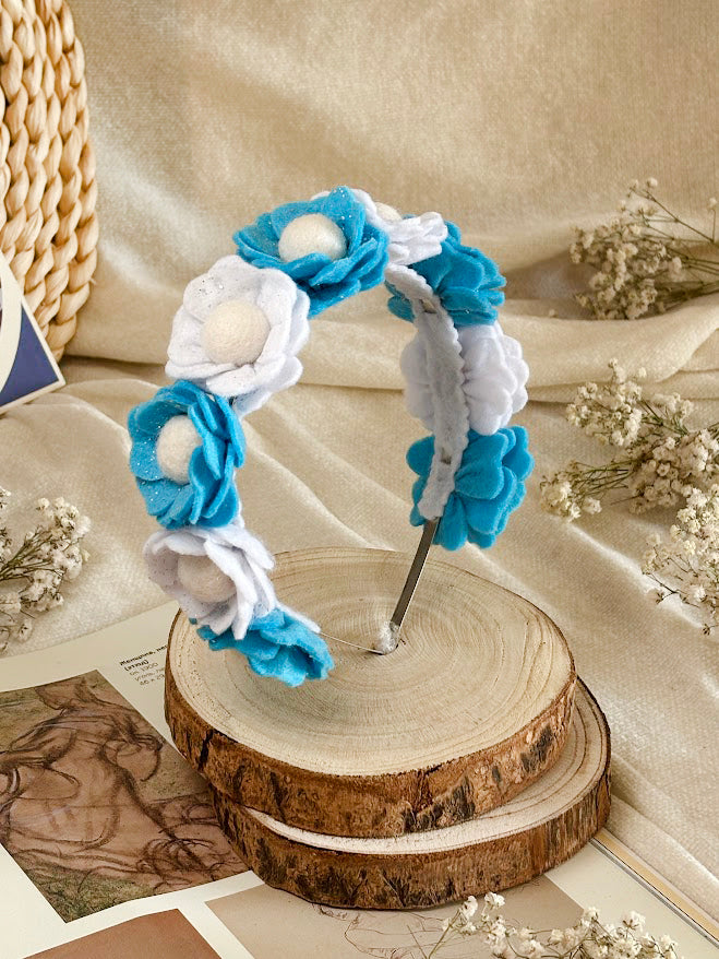 Handmade Girls Floral Hair Band - Sky Blue & White