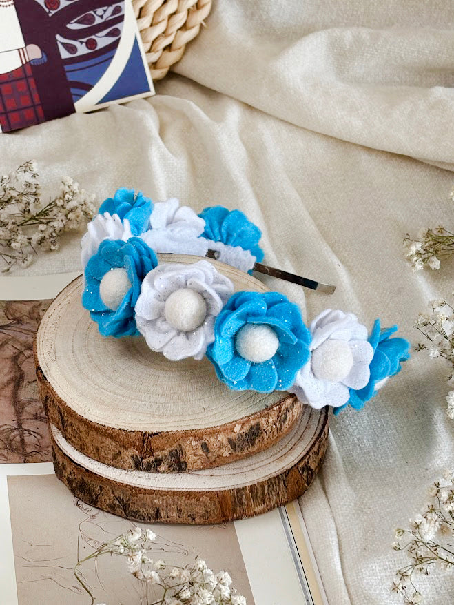 Handmade Girls Floral Hair Band - Sky Blue & White