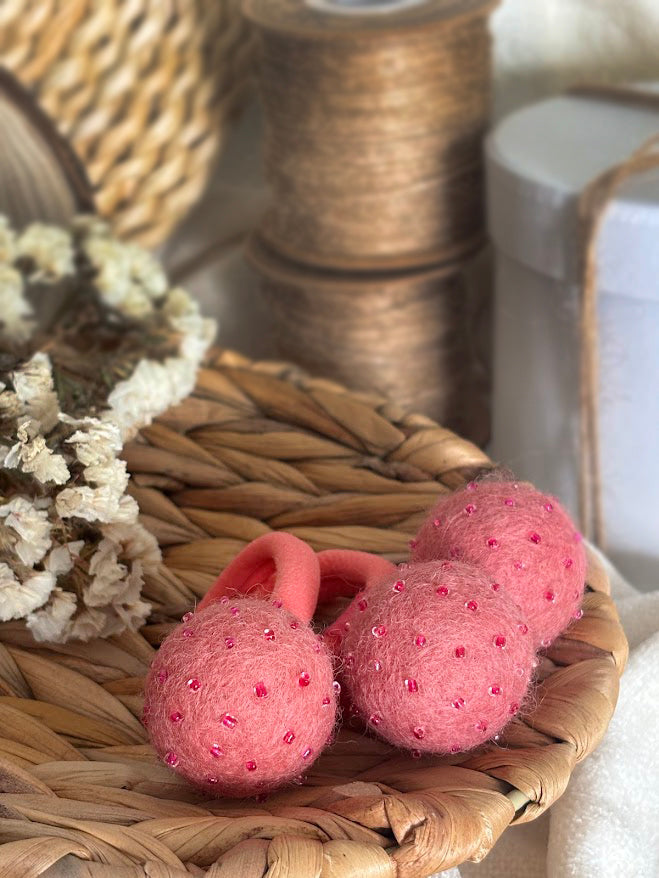 Coral Pink Pom Pom Hair Ties, Set of 2, with Pink Beads