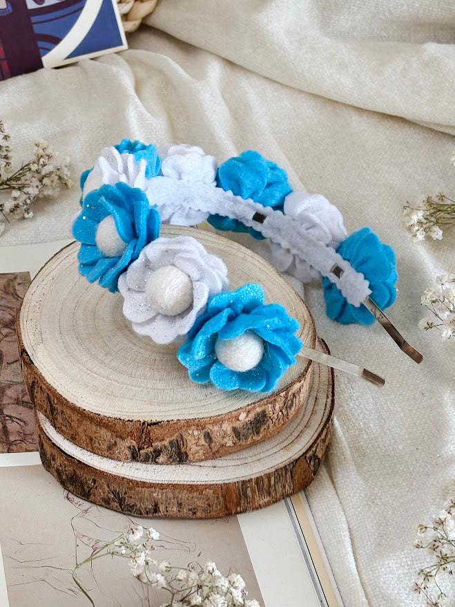 Handmade Girls Floral Hair Band - Sky Blue & White