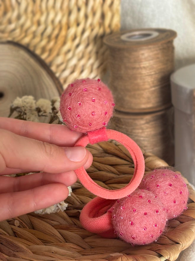 Coral Pink Pom Pom Hair Ties, Set of 2, with Pink Beads