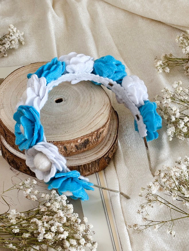 Handmade Girls Floral Hair Band - Sky Blue & White