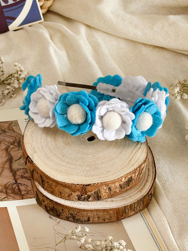 Handmade Girls Floral Hair Band - Sky Blue & White