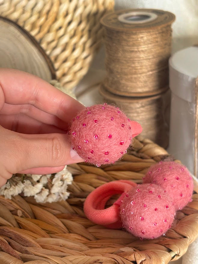 Coral Pink Pom Pom Hair Ties, Set of 2, with Pink Beads