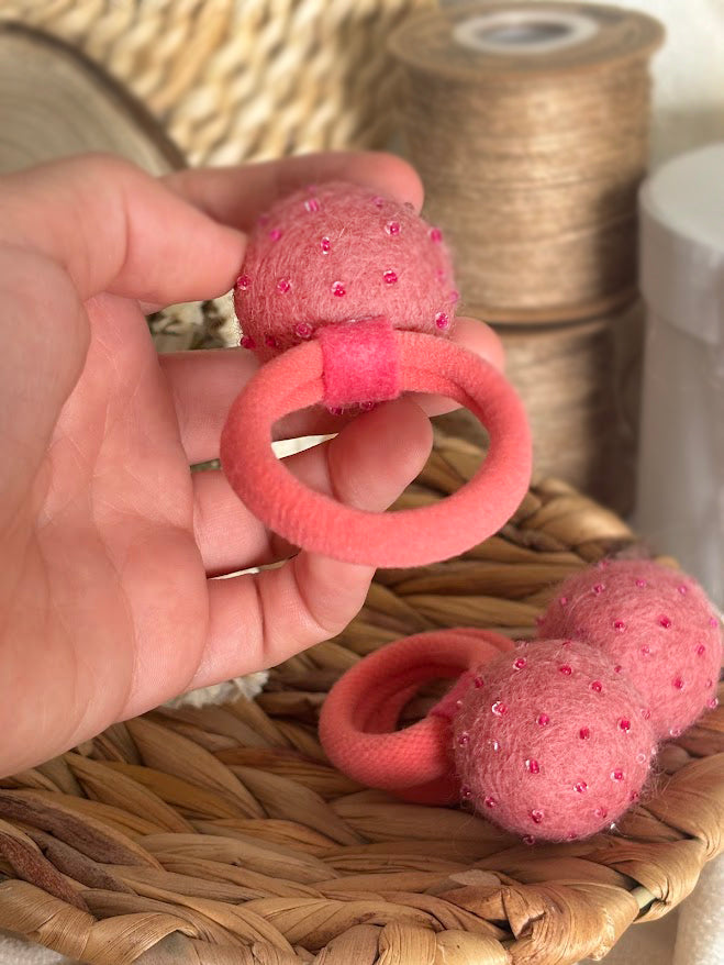 Coral Pink Pom Pom Hair Ties, Set of 2, with Pink Beads