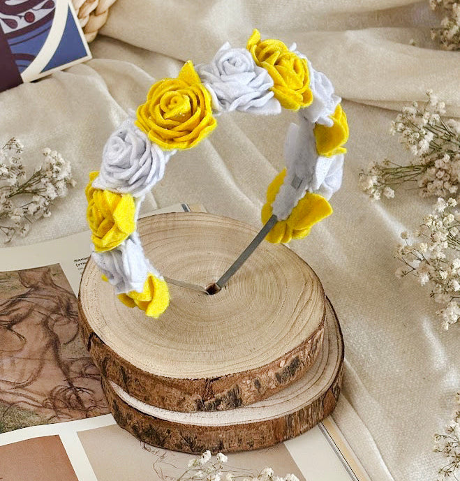 Handmade Girls Rose Hair Band - Yellow & White