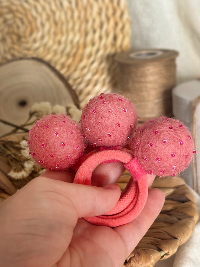 Coral Pink Pom Pom Hair Ties, Set of 2, with Pink Beads