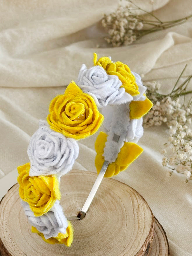 Handmade Girls Rose Hair Band - Yellow & White
