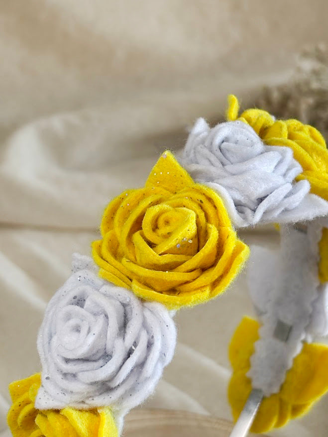 Handmade Girls Rose Hair Band - Yellow & White