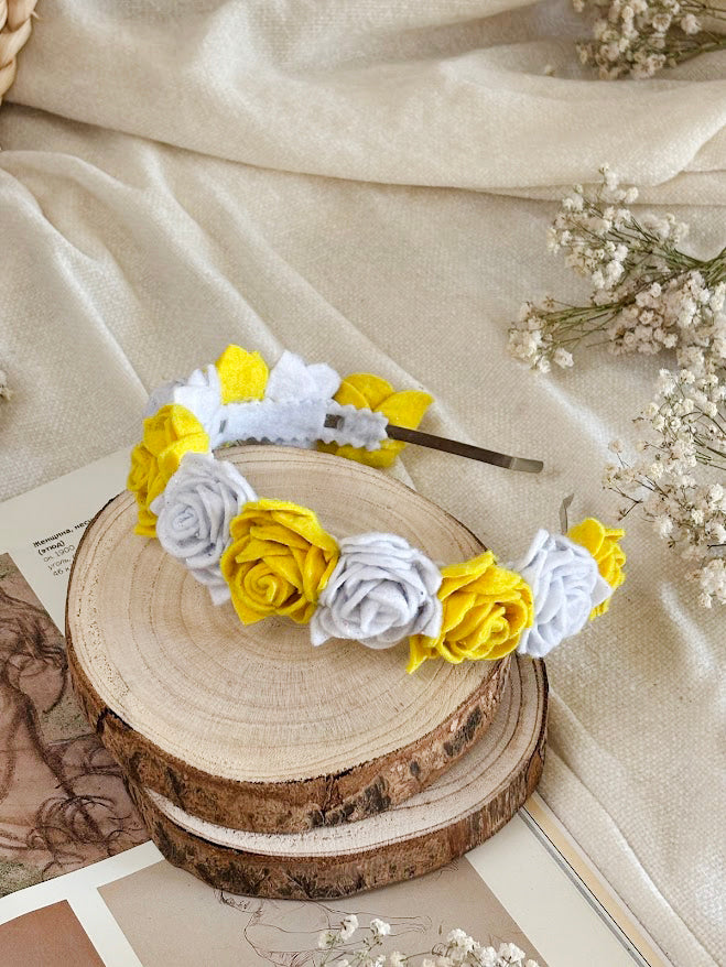 Handmade Girls Rose Hair Band - Yellow & White