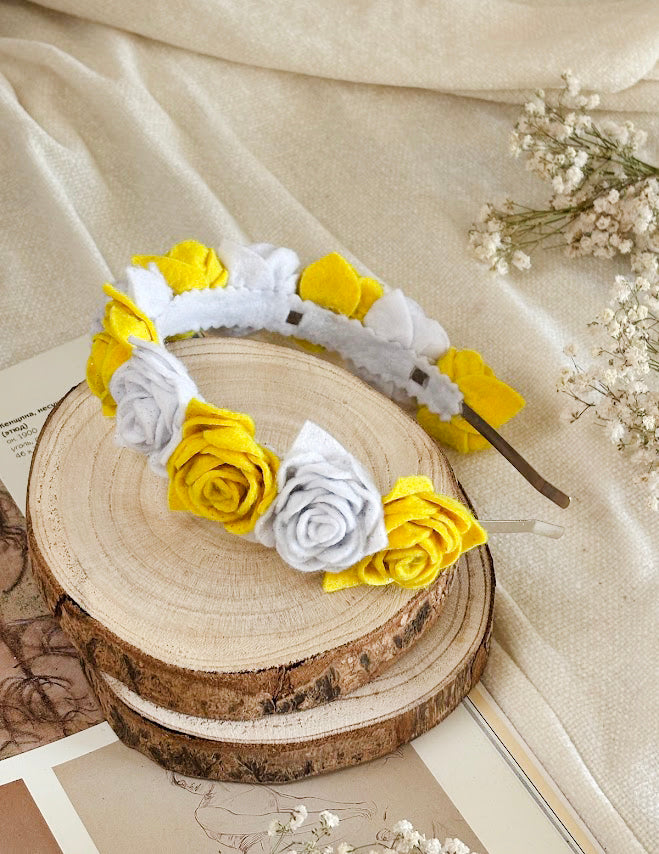 Handmade Girls Rose Hair Band - Yellow & White
