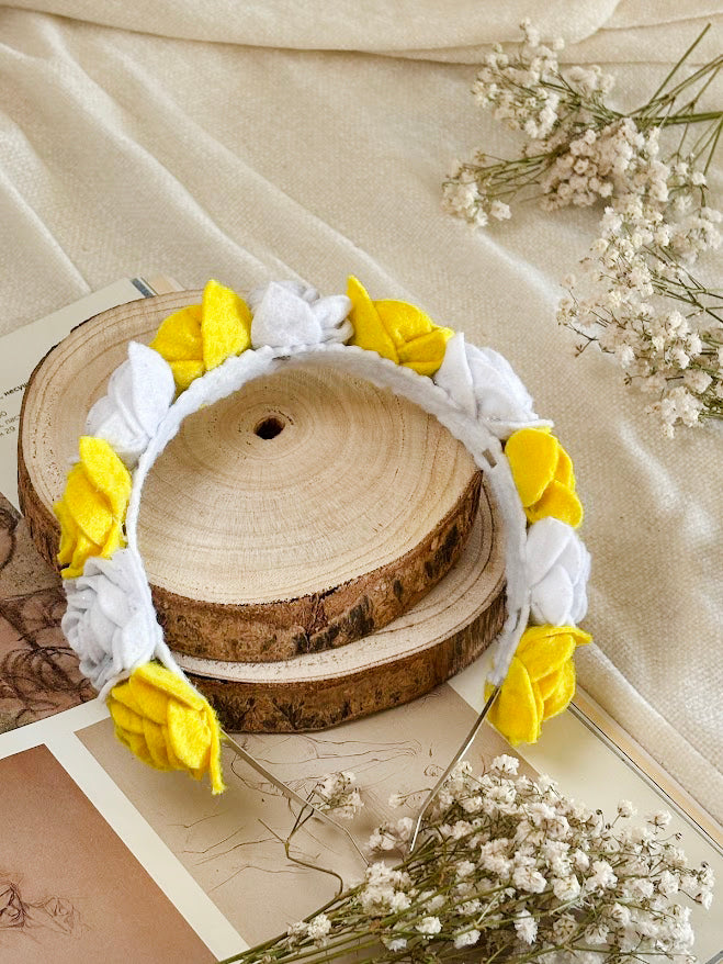 Handmade Girls Rose Hair Band - Yellow & White