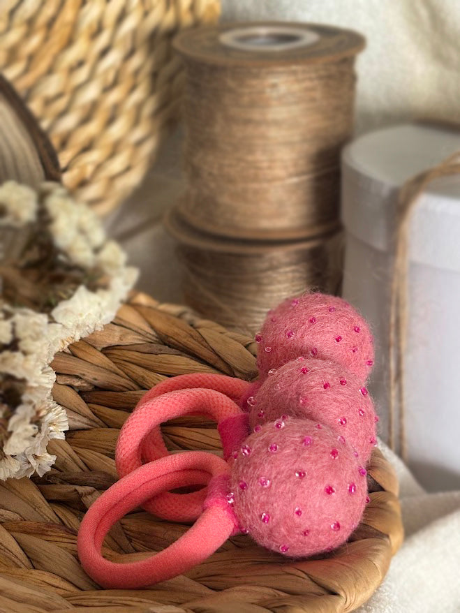 Coral Pink Pom Pom Hair Ties, Set of 2, with Pink Beads