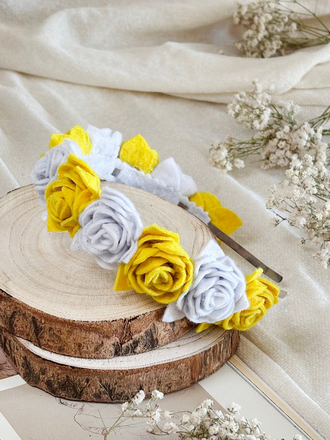 Handmade Girls Rose Hair Band - Yellow & White