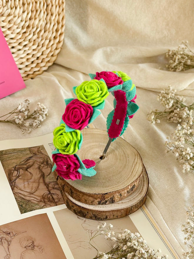 Handmade Girls Rose Hair Band - Green & Magenta