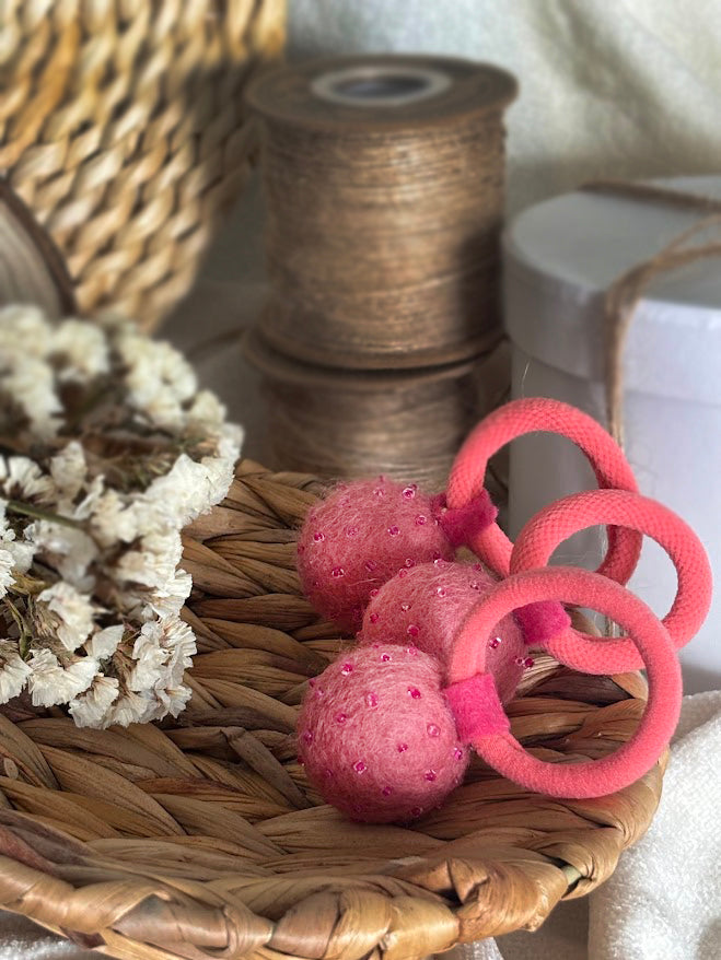 Coral Pink Pom Pom Hair Ties, Set of 2, with Pink Beads
