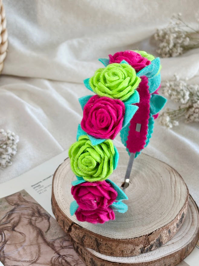 Handmade Girls Rose Hair Band - Green & Magenta