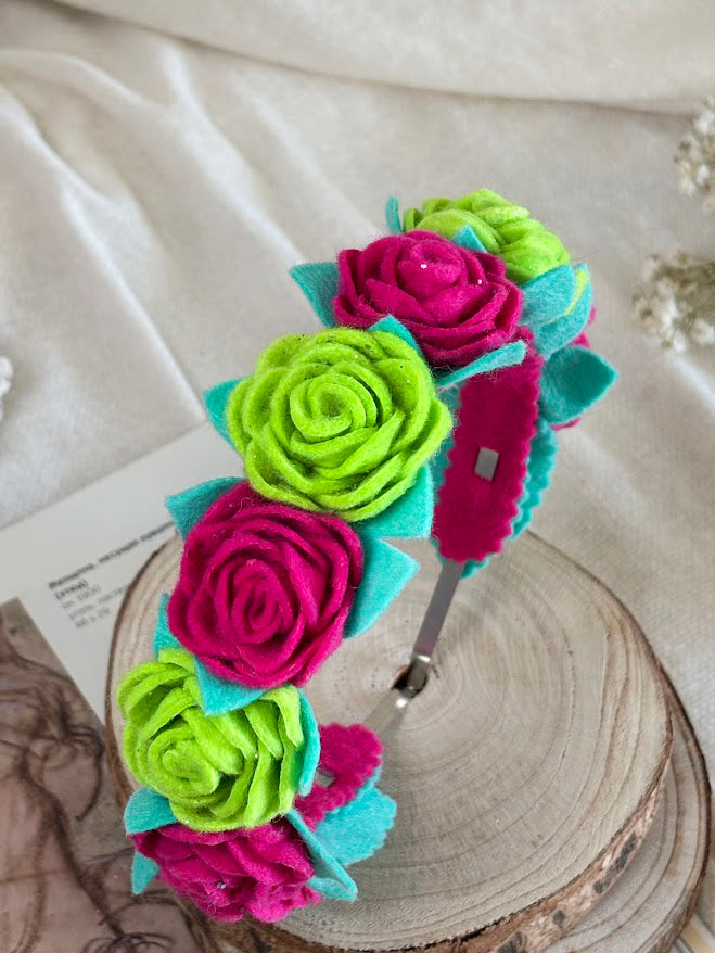 Handmade Girls Rose Hair Band - Green & Magenta
