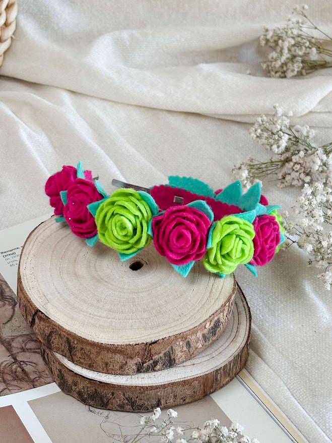 Handmade Girls Rose Hair Band - Green & Magenta