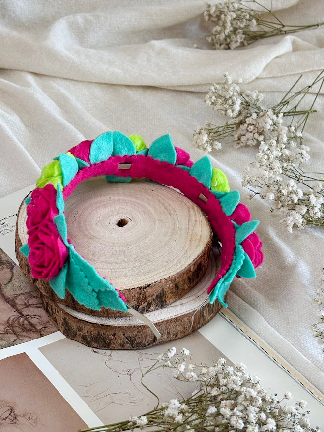 Handmade Girls Rose Hair Band - Green & Magenta